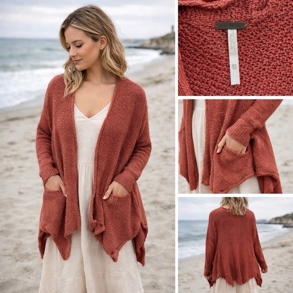 Free People Southport Shark Bite Hem Burnt Orange Cardigan‎  Boho Poncho XS